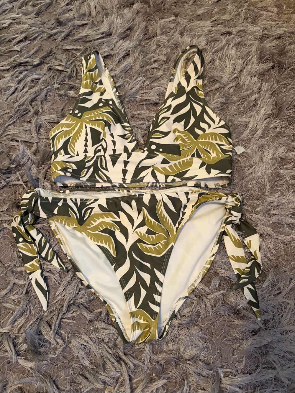 Old Navy Olive Green and White Leaf-Print Tie-Side Bikini Set